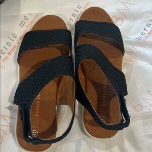 bernie mev. Black Woven Slingback Sandals with Brown Footbed